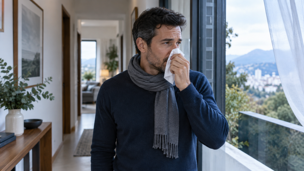 Homem com lenço junto ao nariz perto de janela aberta, ilustrando rinite vasomotora